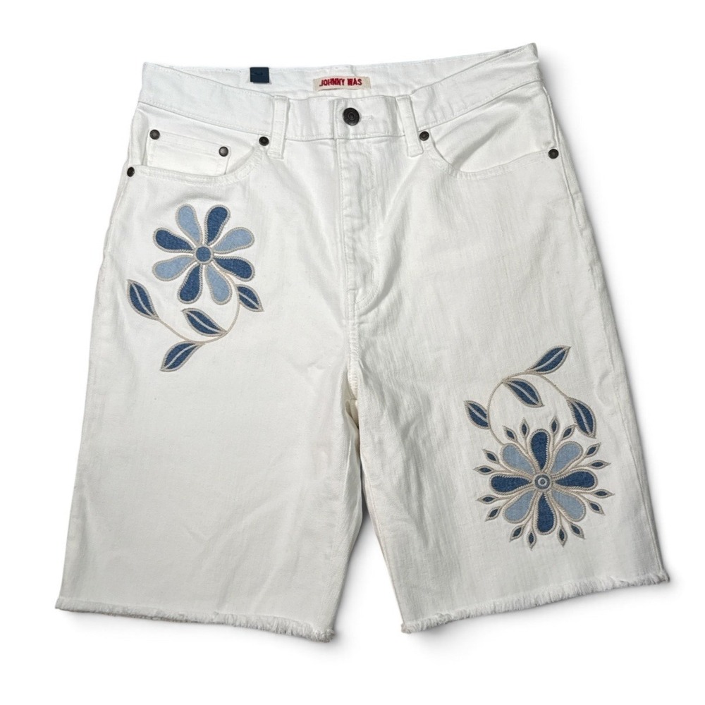 Johnny Was Jules Bermuda Shorts White Embroidered Floral Denim Frayed Hem 30